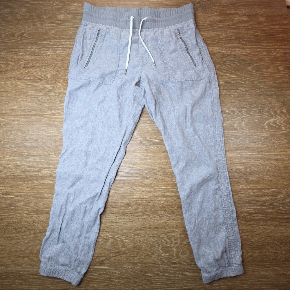 Athleta Cabo Linen Jogger Pants Women 8 Gray 100% Linen Drawstring Zip Pockets